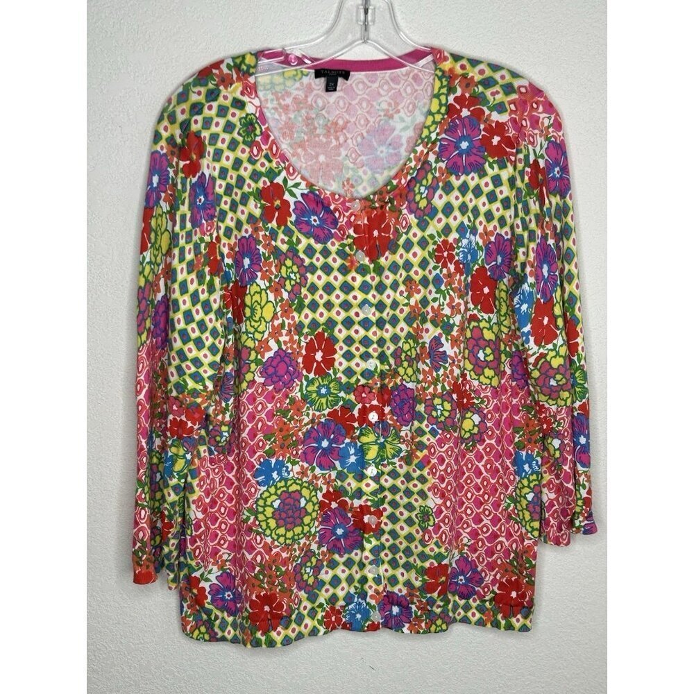 Talbots Cardigan Sweater 2X Floral Lightweight Geometric Floral Office Church